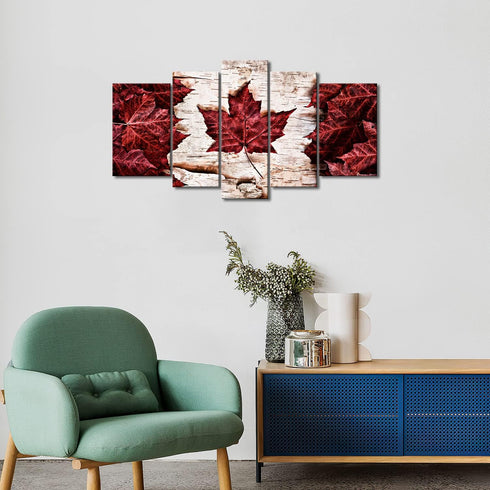5 Pieces Modern Canvas Painting Wall Art  Flag Of Canada Constructed Of Maple Leaves White Birch Bark Country Symbol
